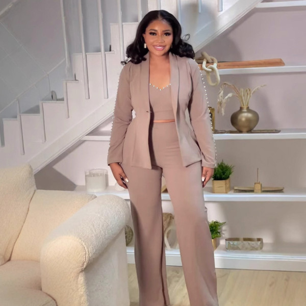 Plus Size Pearl Lapel Blazer Three Piece Pants Set NY-3613