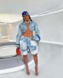 Vintage Washed Denim Long Sleeve Short Suit TR-1332