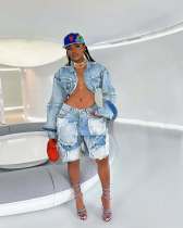 Vintage Washed Denim Long Sleeve Short Suit TR-1332