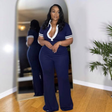 Plus Size Color Block Lapel Micro Flare Jumpsuit NY-11053