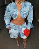 Vintage Washed Denim Long Sleeve Short Suit TR-1332