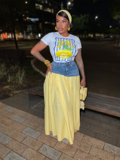 Printed T-shirt Spliced Plaid Split Long Skirt Two-piece Set  SFY-718