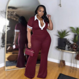 Plus Size Color Block Lapel Micro Flare Jumpsuit NY-11053