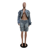 Vintage Washed Denim Long Sleeve Short Suit TR-1332