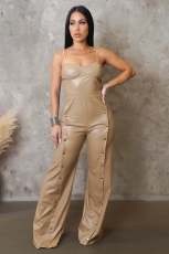 PU Leather Halter Sleeveless Wide Leg Jumpsuit OSM-4479