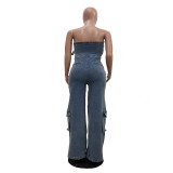 Fashion Wrap Denim Wide Leg Jumpsuit TR-1333