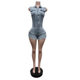 Sleeveless Lapel Neck Denim Romper MEM-88645
