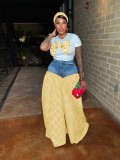 Printed T-shirt Spliced Plaid Wide-leg Pants Two-piece Set SFY-717