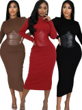 Long Sleeve Patchwork Slim Midi Dress YH-5356
