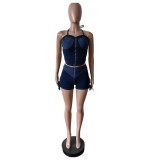 Fashion Denim Sling Zipper Tops And Shorts 2 Piece Set MEM-88644