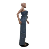 Fashion Wrap Denim Wide Leg Jumpsuit TR-1333