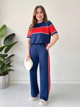 Stripe Patchwork Short Sleeve Top Two Piece Pants Set SH-391374
