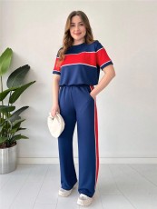 Stripe Patchwork Short Sleeve Top Two Piece Pants Set SH-391374