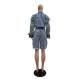 Vintage Washed Denim Long Sleeve Short Suit TR-1332