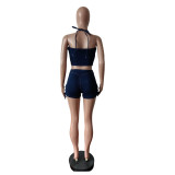 Fashion Denim Sling Zipper Tops And Shorts 2 Piece Set MEM-88644