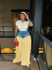 Printed T-shirt Spliced Plaid Wide-leg Pants Two-piece Set SFY-717