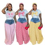 Printed T-shirt Spliced Plaid Wide-leg Pants Two-piece Set SFY-717