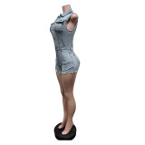 Sleeveless Lapel Neck Denim Romper MEM-88645