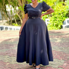 Plus Size V Neck Shor Sleeve Solid Maxi Dress  GCZF-8630