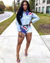 Casual Denim Flag Print Two Piece Shorts Set TR-1321