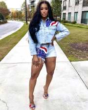 Casual Denim Flag Print Two Piece Shorts Set TR-1321