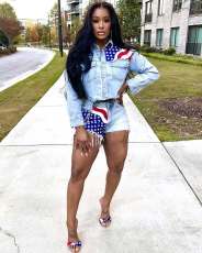 Casual Denim Flag Print Two Piece Shorts Set TR-1321