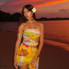 Print Off Shoulder Tube Top Dress GWSD-D1994560