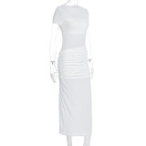 Solid Color Short Sleeve Pleated Maxi Dress GWSD-D1994539