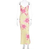 Print Sling V Neck Backless Maxi Dress GWSD-D1994525