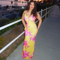 Print Sling V Neck Backless Maxi Dress GWSD-D1994525