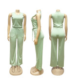 Solid Color Sleeveless Tie Up Two Piece Pants Set SFY-728