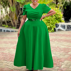Plus Size V Neck Shor Sleeve Solid Maxi Dress  GCZF-8630