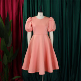 Plus Size Solid Color Lantern Sleeve Midi Dress GCZF-8631