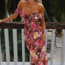 Printed Ruffle Halter Slim Maxi Dress GWSD-D1994523