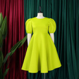 Plus Size Solid Color Lantern Sleeve Midi Dress GCZF-8631