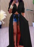 Solid Shirt Neck  Tie Up Big Swing Maxi Dress OMY-11078