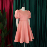 Plus Size Solid Color Lantern Sleeve Midi Dress GCZF-8631