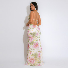 V Neck Backless Print Maxi Dress CYA-901790