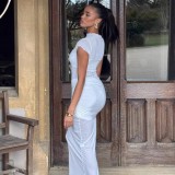 Solid Color Short Sleeve Pleated Maxi Dress GWSD-D1994539