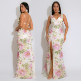V Neck Backless Print Maxi Dress CYA-901790