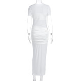Solid Color Short Sleeve Pleated Maxi Dress GWSD-D1994539