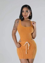 Rib Washed Sleeveless Bodysuit Two Piece Skirt Set GBGF-6620