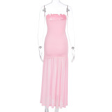 Patchwork Mesh Solid Color Tube Top Dress GWSD-D1994542