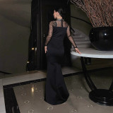 Hot Drill Mesh Long Sleeve Split Maxi Dress CYA-901796