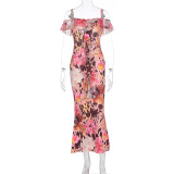 Printed Ruffle Halter Slim Maxi Dress GWSD-D1994523