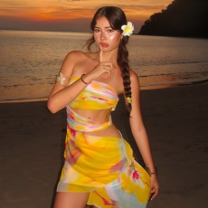 Print Off Shoulder Tube Top Dress GWSD-D1994560