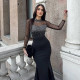 Hot Drill Mesh Long Sleeve Split Maxi Dress CYA-901796