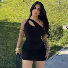 Solid Color Slash Shoulder Pleated Mini Dress GWSD-D1994534