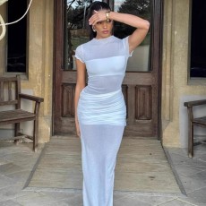 Solid Color Short Sleeve Pleated Maxi Dress GWSD-D1994539