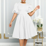 Plus Size Solid Color Lantern Sleeve Midi Dress GCZF-8631